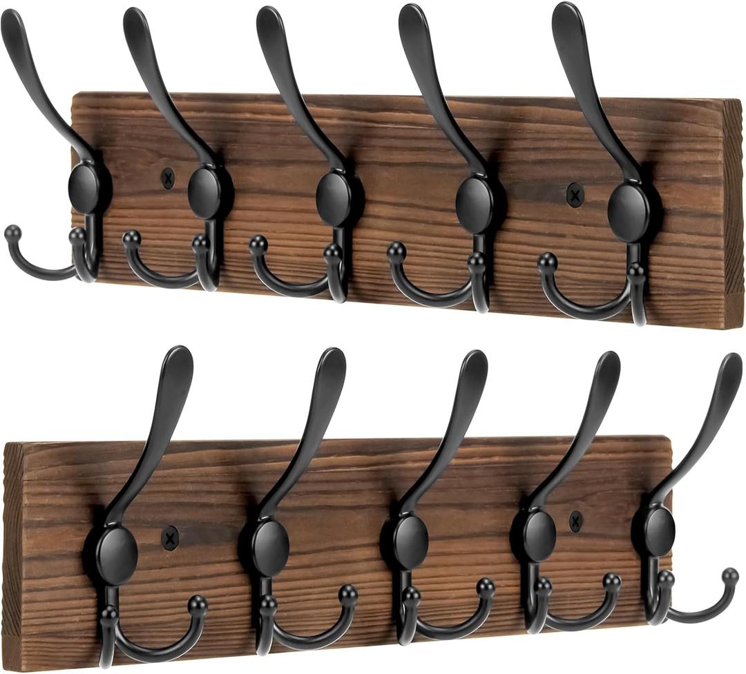Wooden Coat Rack Wall Mount Heavy Duty, 2 Pack Coat Hanger Wall Mount with 5 Triple Hooks for Clothes, Jacket, Hat, Keys, Backpacks, Towel, Space Saving Entryway Organizer for Bathroom, Mudroom (Brown Plate & Black Hooks)