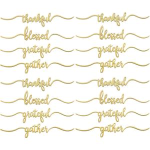 Jetec 16 Pieces Thanksgiving Cutout Signs Thankful Wood Cutout Plate Sign Grateful Blessed Gather Table Sign Decorations Rustic Wood Wall Decor for Thanksgiving Christmas, 2 x 9.8 in (Gold)