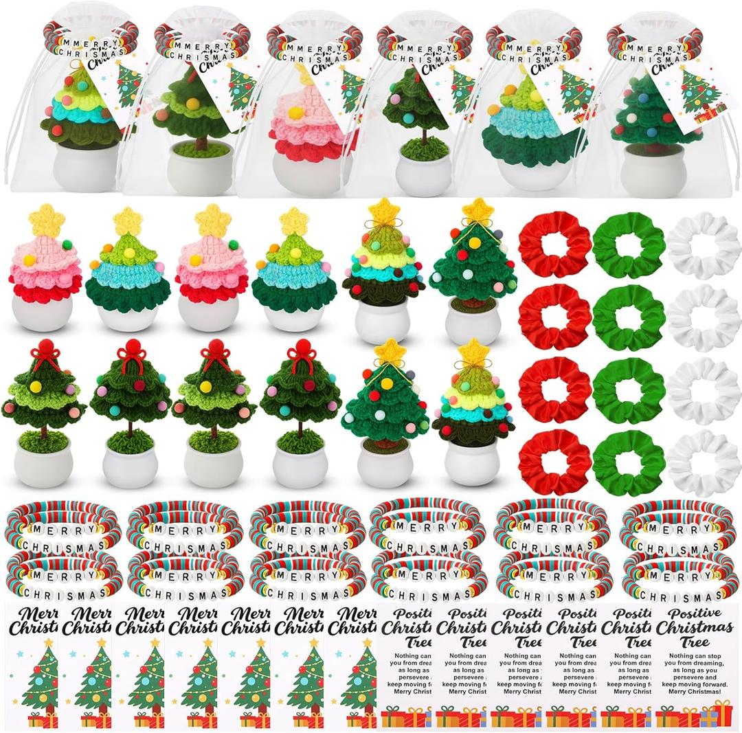 Tegeme 72 Pcs Christmas Gift Set 12 Crochet Christmas Tree Doll with Positive Card 24 Beaded Bracelets 12 Scrunchies with Bags Inspiring Emotional Gift for Women Teacher Employee Coworker Xmas Present