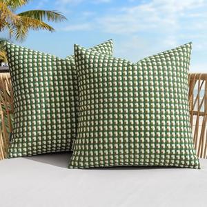 MIULEE Outdoor Texture Throw Pillow Covers Waterproof Pack of 2 Spring Decorative Woven Farmhouse Cushion Covers for Patio Garden Balcony Porch Tent Bench Sofa,18x18 Inch Green