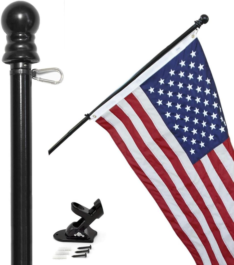 American flag and pole kit set: Includes a 3x5 ft Embroidered US flag made in USA, 6 ft aluminum tangle free spinning flag pole with carabiners, and flagpole holder wall mount bracket (Black)