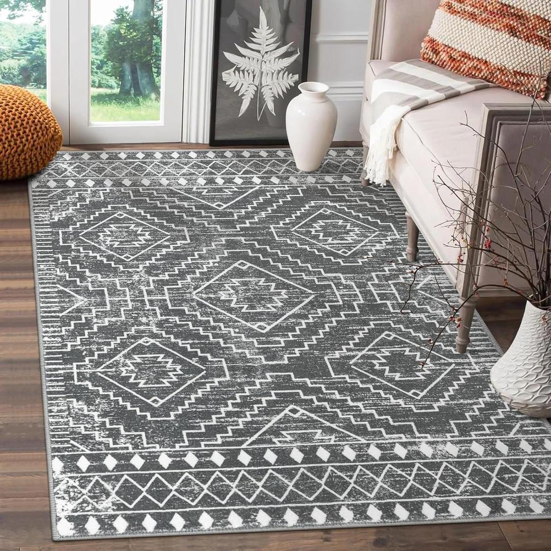 Wonnitar Moroccan 4x6 Area Rug, Washable Dark Gray Living Room Rug, Non-Slip Boho Rug for Bedroom, Farmhouse Non-Shedding Soft Indoor Carpet for Kitchen Entryway Mud Room (Dark Grey,4'x6')