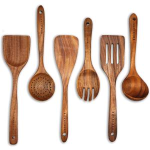 GreyWooden Kitchen Utensil Set, 6Pcs Wooden Cooking Utensils for Non-Stick Pan, 100% Natural Teak Wooden Spatula