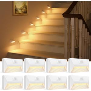 VOLISUN Motion Sensor Stair Light Rechargeable 8 Pack, Night Lights 3 Modes & 3 Color Temperatures, Magnetic Rechargeable Stick-On Lights for Stairs, Hallway, Cabinet(White)