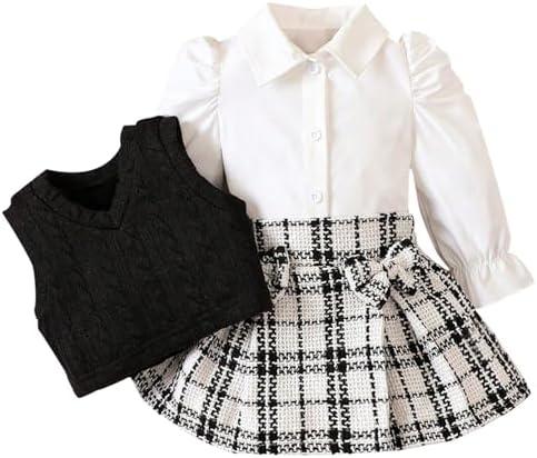ChuYuKu Baby Girl Clothes Fall Winter Outfits Puff Sleeve Shirt Tartan Pleated Skirt Cute Vest Set Toddler Girl Dress Holiday, Size 3-4T