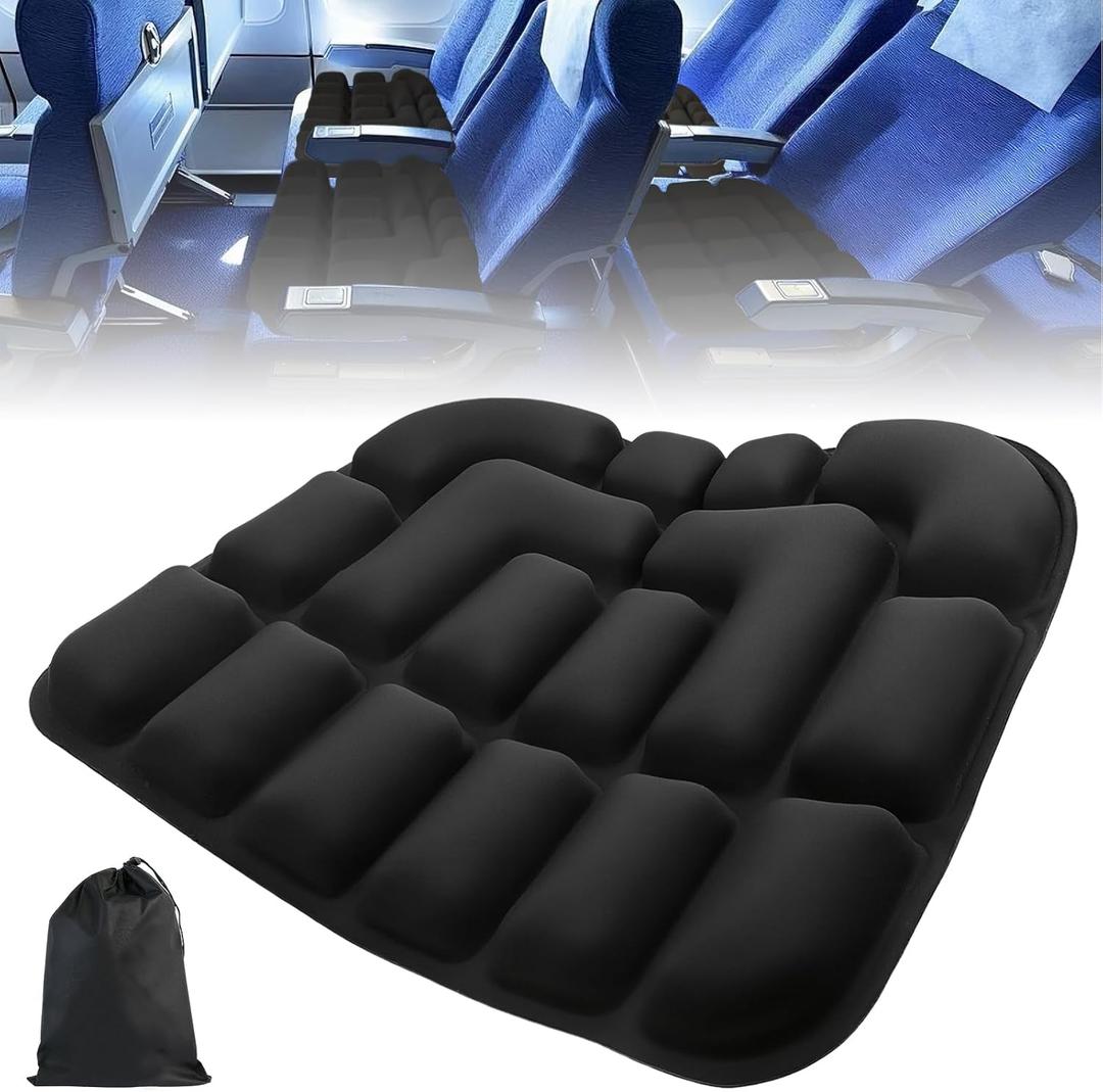 3D Inflatable Seat Cushion for Airplane Travel - Portable Air Seats Pad Pressure Relief with Storage Bag for Long Flights Car Office Camping Wheelchair Stadium Bleacher, No Pump Required, Black