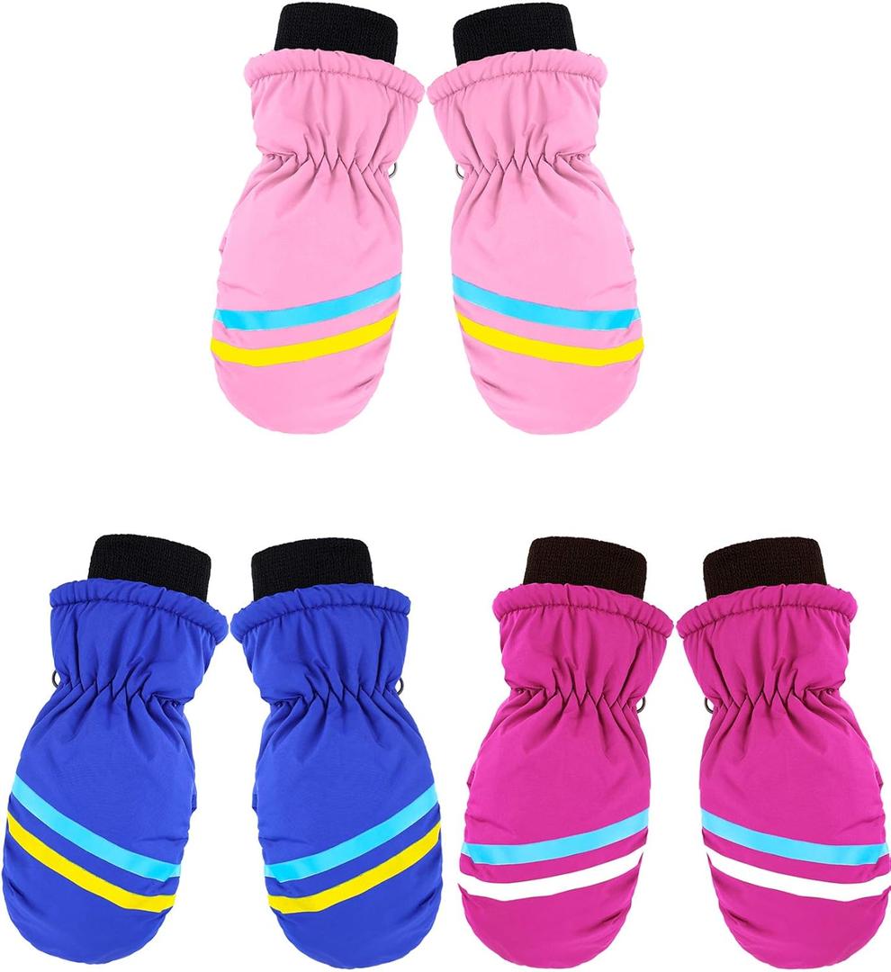 SATINIOR 3 Pairs Kids Winter Snow Mittens Waterproof Ski Mittens Windproof Unisex Gloves for Children Outdoor Activities (4 - 8 Years, Rose Red, Pink, Blue)