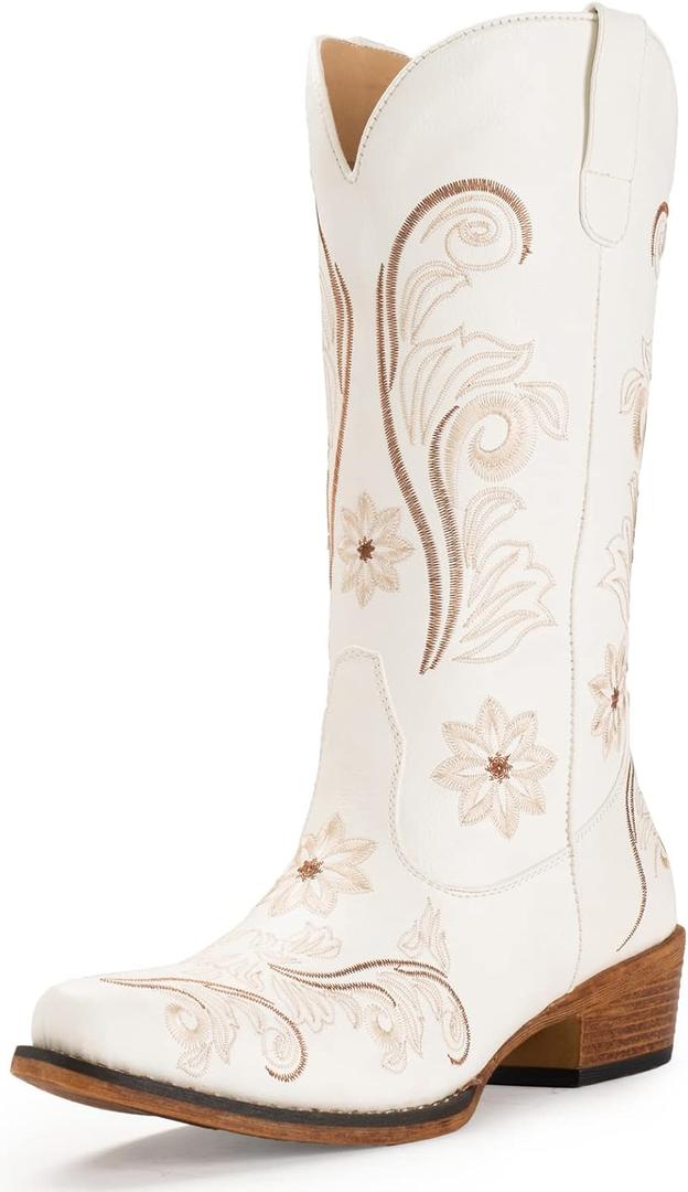 IUV Cowboy Boots For Women Mid Calf Cowgirl Boots Embroidered Pull-On Tabs Snip Toe Boot, size 8 (White)