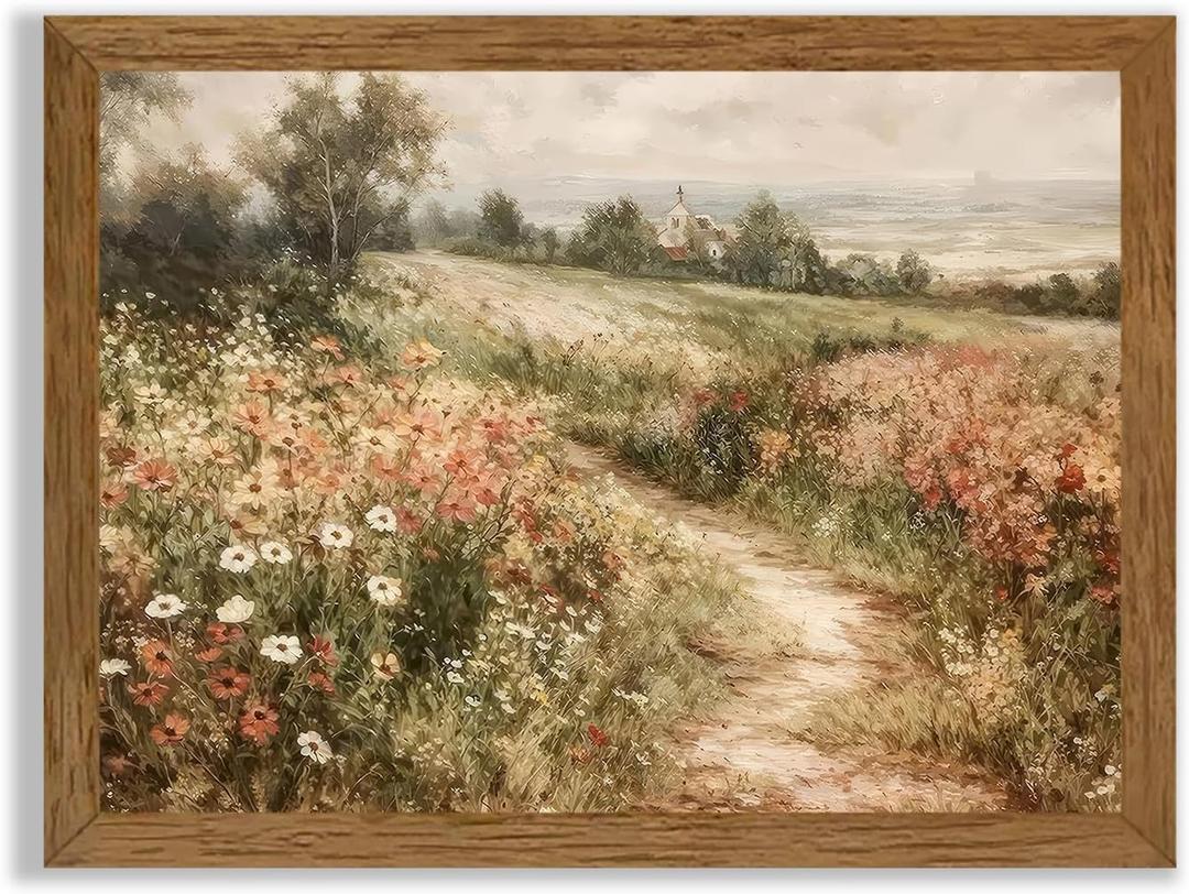 Wojuin Framed Vintage Cottagecore Canvas Wall Art, Landscape Nature Country Wildflower Wall Decor, Farmhouse Modern Rustic Fall Flower Artwork Prints for Living Room Bedroom Bathroom Office 12x16 in (Path)