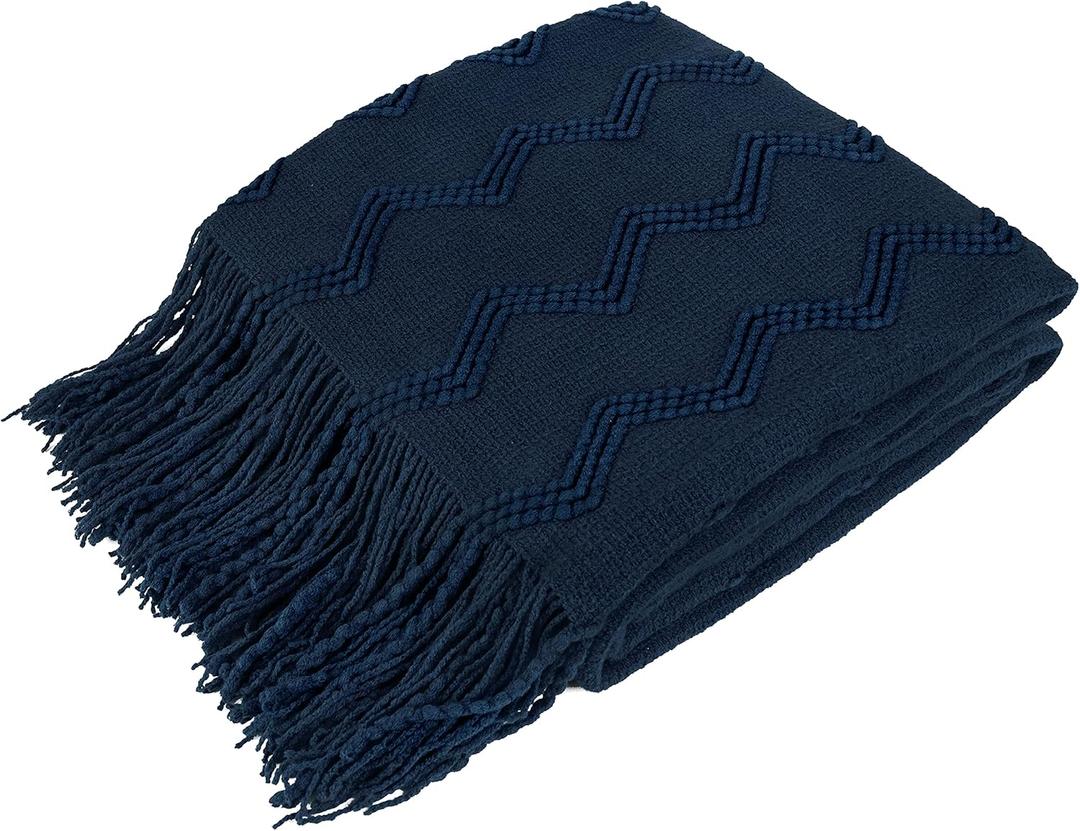 PAVILIA Navy Blue Knit Throw Blanket for Couch, Twin Bed, Soft Knitted Farmhouse Sofa Throw for Living Room, Lightweight Decorative Summer Blanket for Chair, Outdoor Textured Boho Blanket, Navy Blue, 60 x 80 Inches - Twin