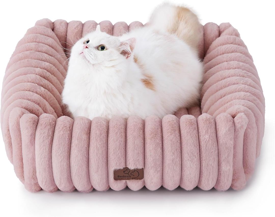 Bedsure ComfyFleece Cute Dog Bed for Small Dogs & Cats - Washable Furry Puppy Beds, Rectangle Orthopedic Corduroy Fleece Pet Beds with Removable Zipper Cover, 20x19x6inches, Blush Pink