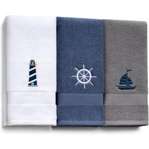 HunnmingRe 3 Pcs Nautical Hand Towels 13.3 x 28.4'' Nautical Bathroom Decor Summer Dark Blue White Cotton Dish Towels Coastal Boat Owners Gift for Home Bath Kitchen Beach Accessories