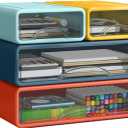 Desk Organizer with Drawers, Stackable Storage Drawers with Compartments Desktop Organization for Office Supplies, Makeup, Pencils, Tape, Erasers, Paperclips, Chargers (2S2M) (Light blue+Yellow+Deep Blue+Orange)