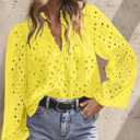 BETTE BOUTIK Women's Long Short Sleeve Tops 2025 Dressy Casual Button Hollow Out Lace Embroidered Blouses Shirts (Medium)