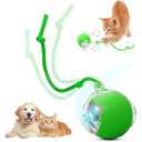 SilveWillo Interactive Electric Automatic Rolling Moving USB Rechargeable Self Activated Play Stimulation Toy Smart Chase Teaser Ball with Speedy Tail Rope for Bored Adult Indoor Cats and Dogs, Green