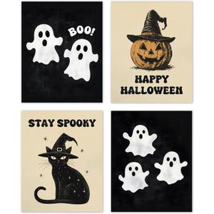 2 x TLESKE Retro Happy Halloween Ghost Pumpkin Posters Prints Unframed Set of 4 for Home Bedroom Living Room, Black Cat Witch Hats Caps Wall Art Prints Decor, Stay Spooky Fall Autumn Wall Pictures, 8x10