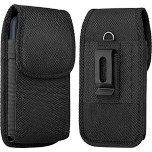 Holster for iPhone 17 16 15 14 13 12 11 Xs X XR/Pro Models, Cell Phone Belt Holder Case with Clip for Men, Heavy Duty Nylon Pouch (Fits Phone with Otterbox Cover on) Black