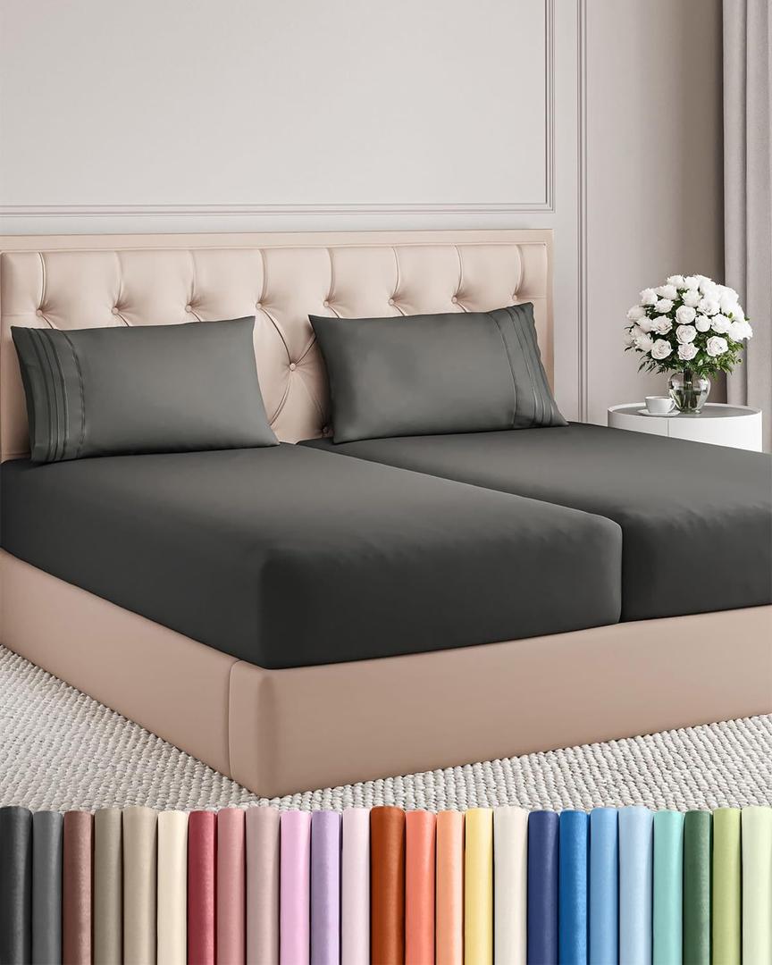 Split King Size 5 Piece Sheet Set - Comfy Breathable & Cooling Sheets - Hotel Luxury Bed Sheets for Women & Men - Deep Pockets, Easy-Fit, Soft & Wrinkle Free Sheets - Charcoal Oeko-Tex Bed Sheet Set