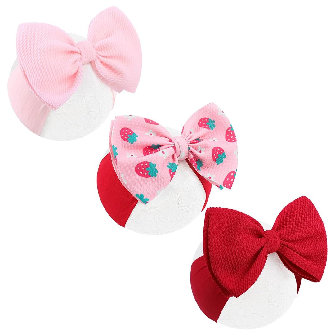 3 Pcs Baby Girl Headbands 6 Pink Bows Strawberry Hair Accessories Summer Outfits for Newborn Infant Toddler Girls Clothes