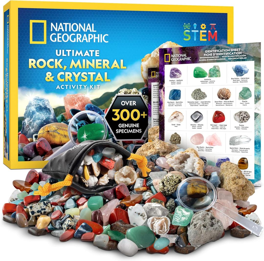 Rock Collection Box for Kids  300+ Piece Gemstones and Crystals Set Includes Geodes and Real Crystals, Rocks and Minerals, Science Kit for Kids, A Geology Gift for Boys and Girls