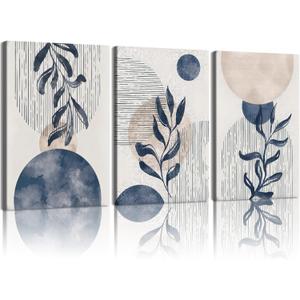 HCJWCXD 3Pcs Boho Wall Art Navy Blue Botanical Framed Canvas Prints 16x24In | Minimalist Botanical Blue Geometric Designs Printed on Quality Canvas for Living Room Bedroom Office and Modern Home Decor