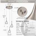 3-Light Nickel Teardrop Pendant Lighting, 15W Modern Dimmable LED Crystal Chandelier Cluster Pendant Light for Kitchen Island Dining Room Hallway Bathroom 6000K Cold White