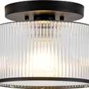 Zlepmlla Glass Ceiling Light, Clear Ribbed Glass Ceiling Light Fixture with Black Metal Frame, Modern Semi Flush Mount Ceiling Light for Hallway, Bedroom, Bathroom, Entryway, Kitchen
