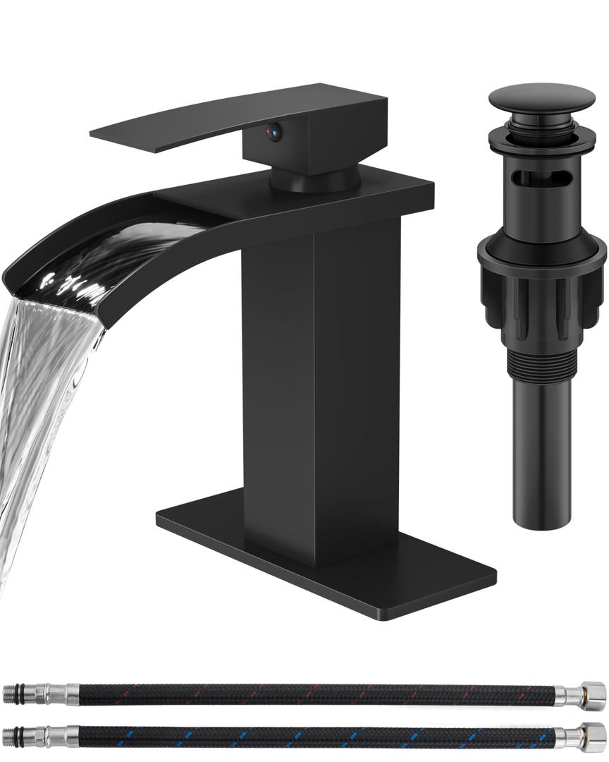 Waterfall Bathroom Faucet 1 Hole, Single Hole Bathroom Faucet, Single Handle Vanity Sink Faucet with Deck Plate, Pop-up Drain & Supply Lines, Matte Black