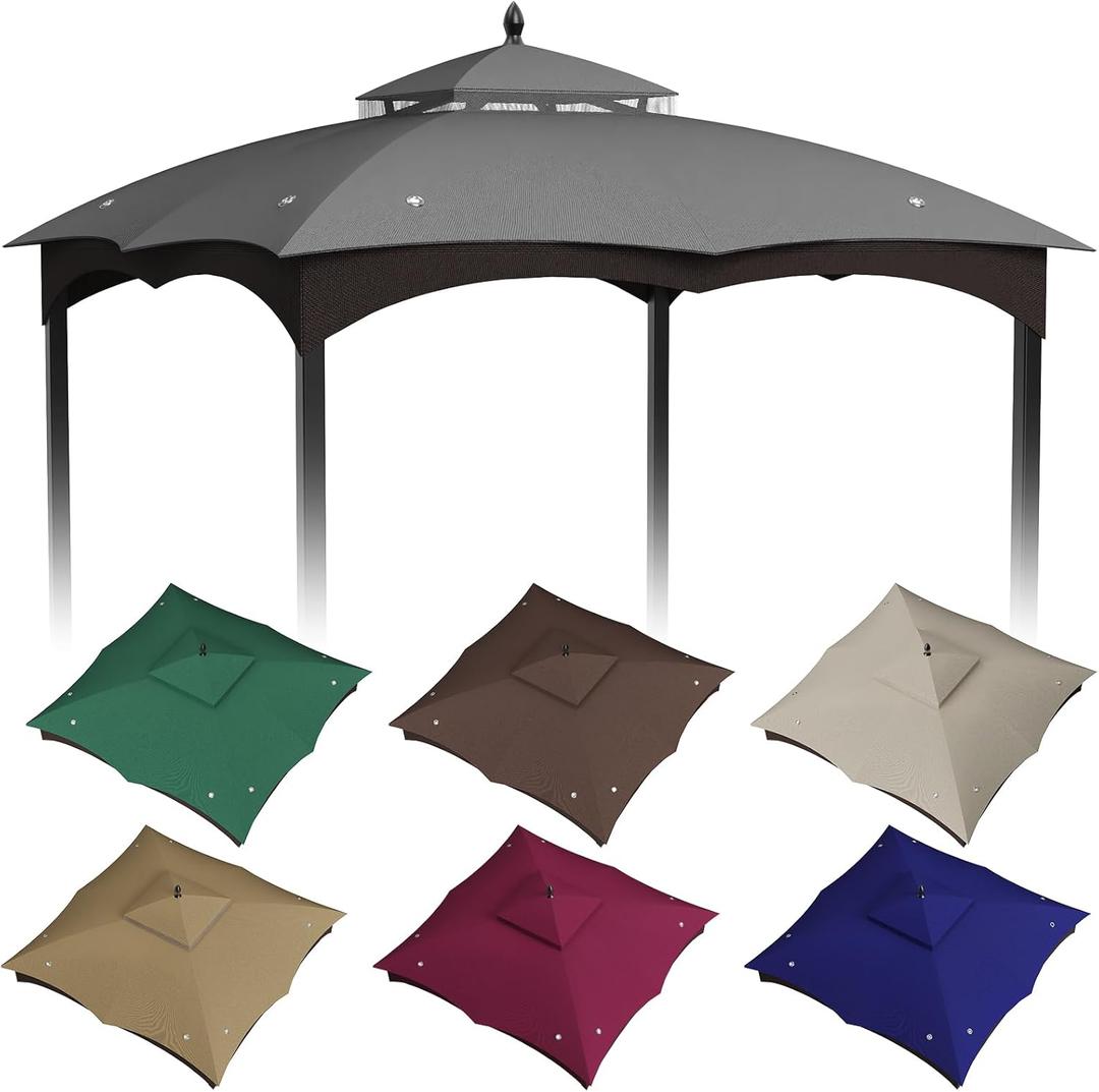 10x12ft Canopy Replacement Top for Lowe's Allen Roth Gazebo #GF-12S004B-1, Two Tiered Waterproof Gazebo Cover Roof with 8 Drainage Holes for BBQ Outdoor, Gray