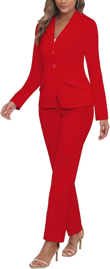 Women's Business 2 Piece Blazer Sets Casual Long Sleeve Open Front Blazer Jackets and Pencil Pant Suits (X-Large, Red)