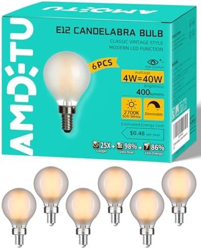 AMDTU 40W E12 Frosted Globe LED Bulbs, 2700K Warm White Dimmable Candelabra Base, Eye-Comfort Technology, Flicker-Free Decorative Lighting for Chandeliers, Dining Room, Vanity, and Bathroom Fixtures