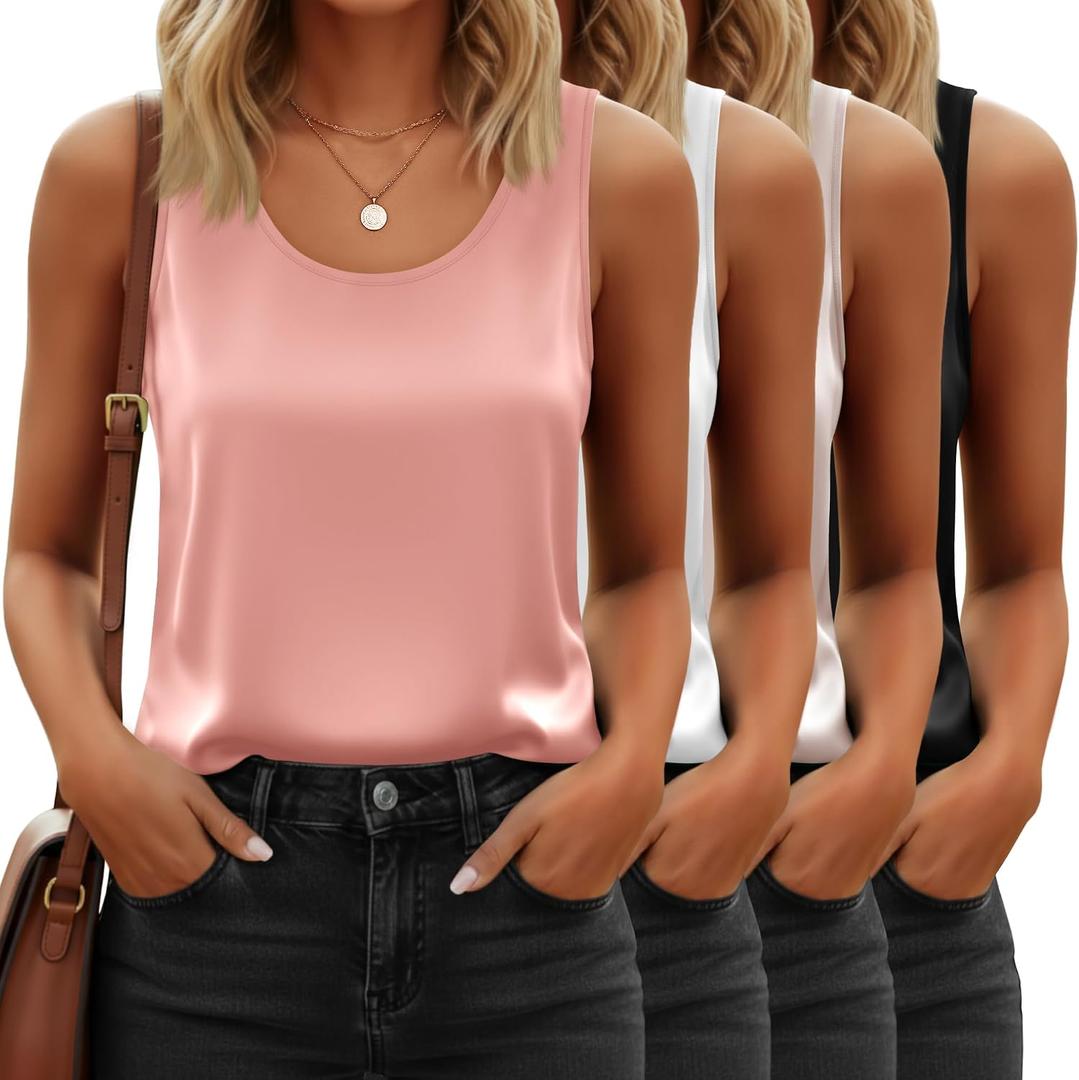 4 Pack Women's Satin Tank Tops, 4-Color, Large | Lightweight, Scoop Neck, Sleeveless, Soft Feel, Layering, Office, Work, Casual Wear, Undershirt (L)