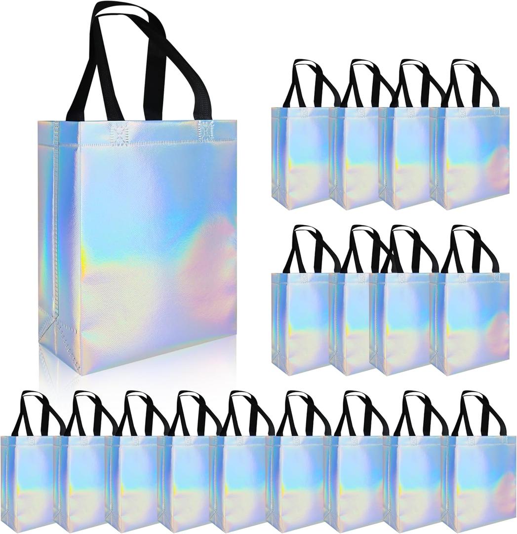 cabzymx 18 Pcs Glossy Iridescent Small Gift Bags Bulk, 8x3.9x9.8 In Non-woven Party Bags for Present with Sturdy Bases for Birthday, Wedding, Easter, Party, Holiday