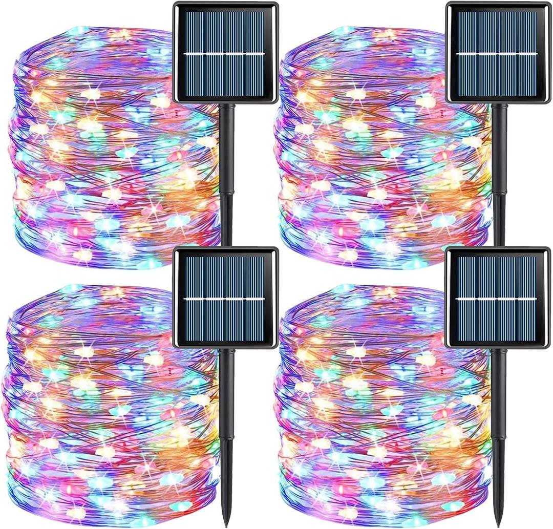 YEGUO 4 Pack Multicolor Solar Fairy Lights, Each 33ft 100 LED Christmas Lights Outdoor Waterproof, 8 Modes Sliver Wire Solar String Lights