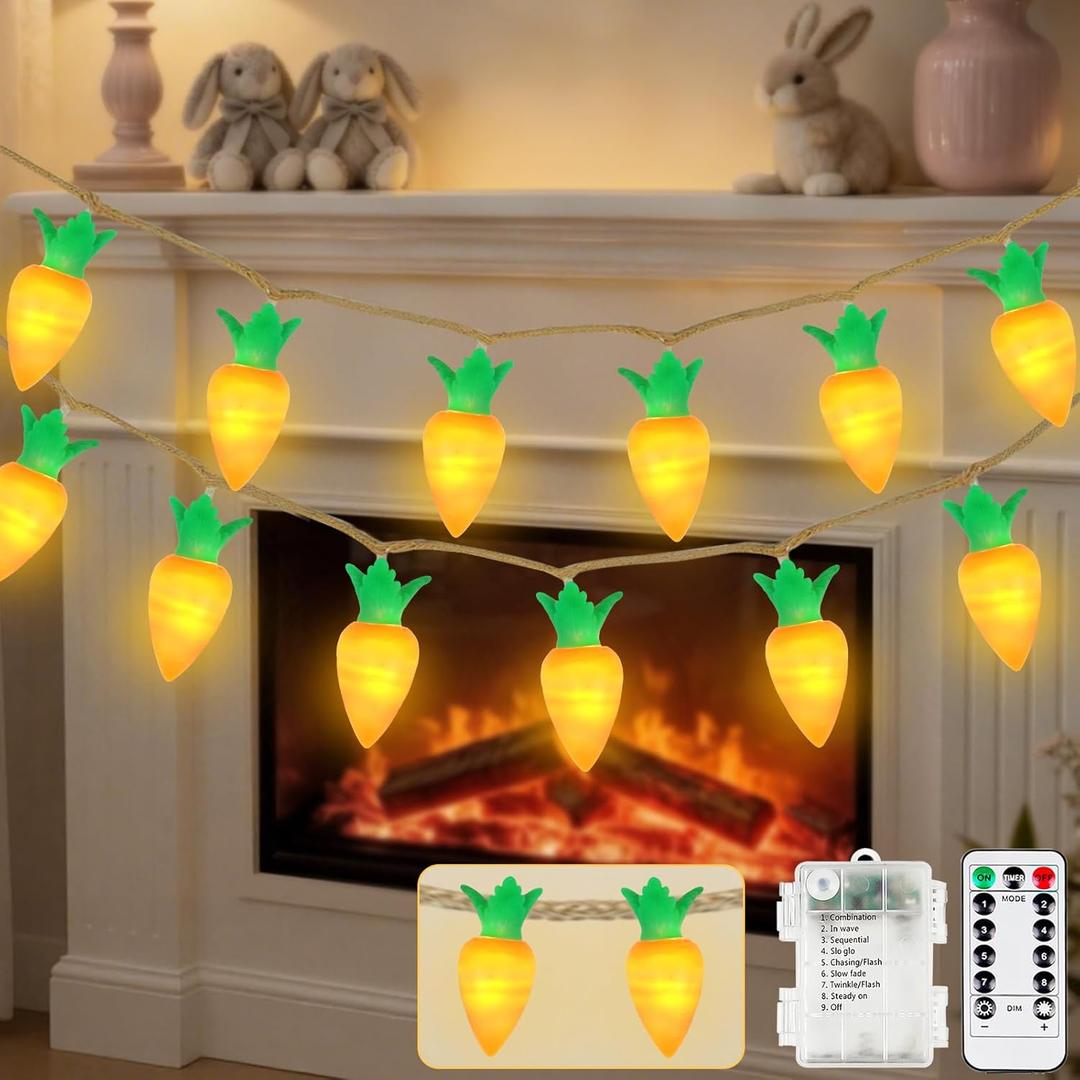 YIQU Easter Decoration String Lights, 10FT 12LED Indoor Carrot Mantel Garland Battery Operated with Remote Timer 8 Modes, Hemp Rope Banner for Fireplace Table Wall Spring Party Indoor Outdoor Decor