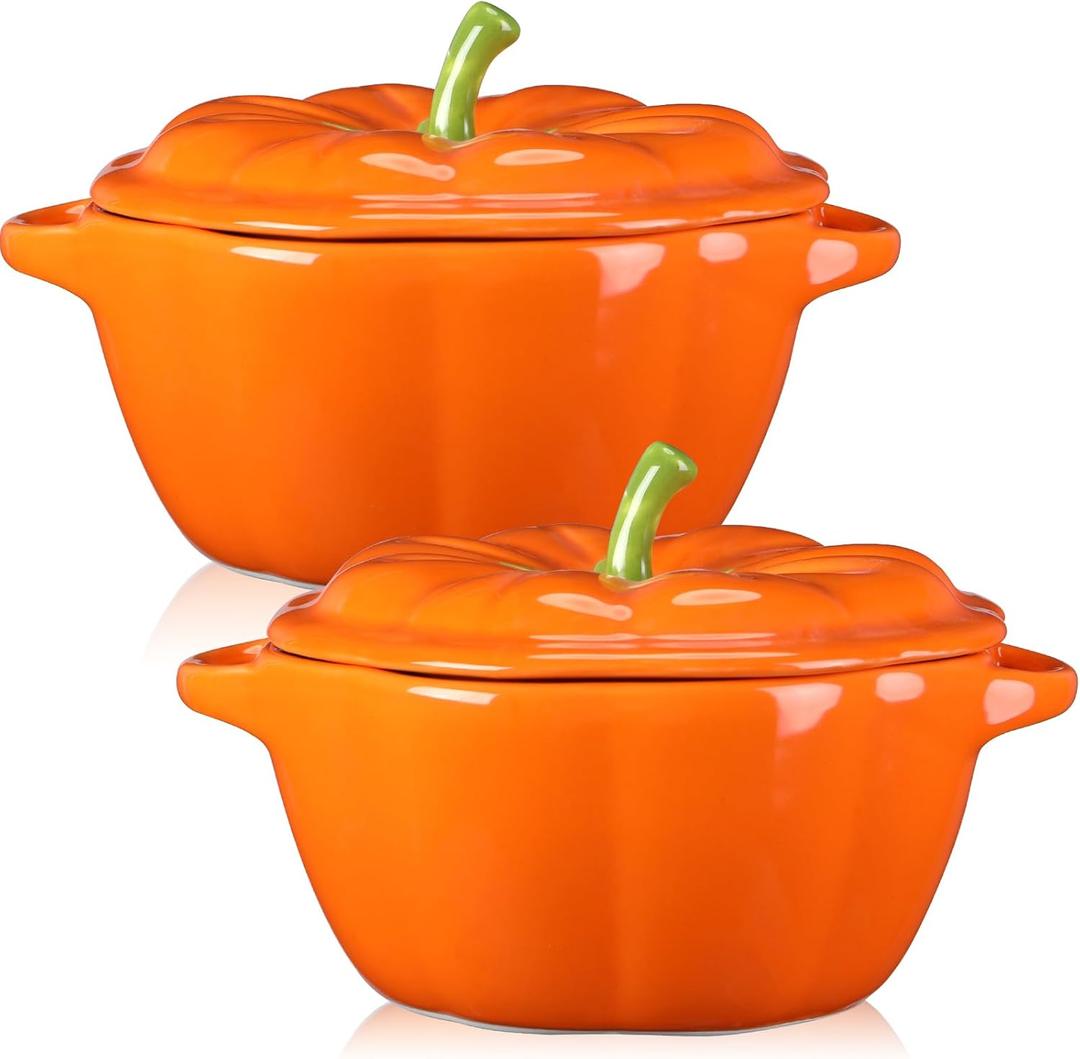 2 Pcs Pumpkin Bowls Ceramic Pumpkin Dish 13 oz Casserole Cookware Serving Pot Safe Oven Pot with Lid and Handle for Fall Halloween Thanksgiving Autumn Cooking Baking Dessert