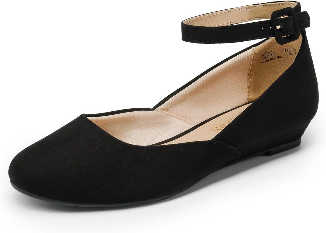 DREAM PAIRS Women's Dress Flats Ballet Low Wedge Round Toe Ankle Strap Comfortable Casual Flats Shoes (9) Navy