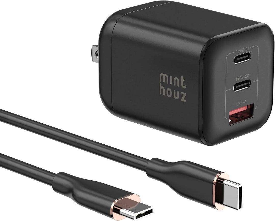 Minthouz 67W GaN Charger, 3-Port Fast Charging Power Adapter with Type-C & USB-A, for iPhone 17/16/15, iPad Pro, MacBook Air/Pro, Galaxy S25/S24, Google Pixel, Compact Travel Charger with 3.9FT Cable
