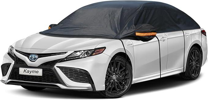 Kayme Half Car Cover, Windshield Cover for Ice and Snow Top with Reflective Straps, Roof Cover Waterproof All Weather Dust, Sun Protection. Front Rear Window Cover Fit Sedan. 3L (UP to 127'')