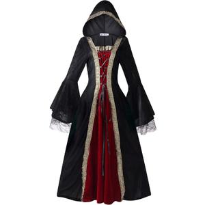 Colorful House Women Medieval Tea Party Dress Victorian Era Bubble Sleeves Velvet High Waist Long Dress with Belt and Gloves (X-Large, Black(hooded))