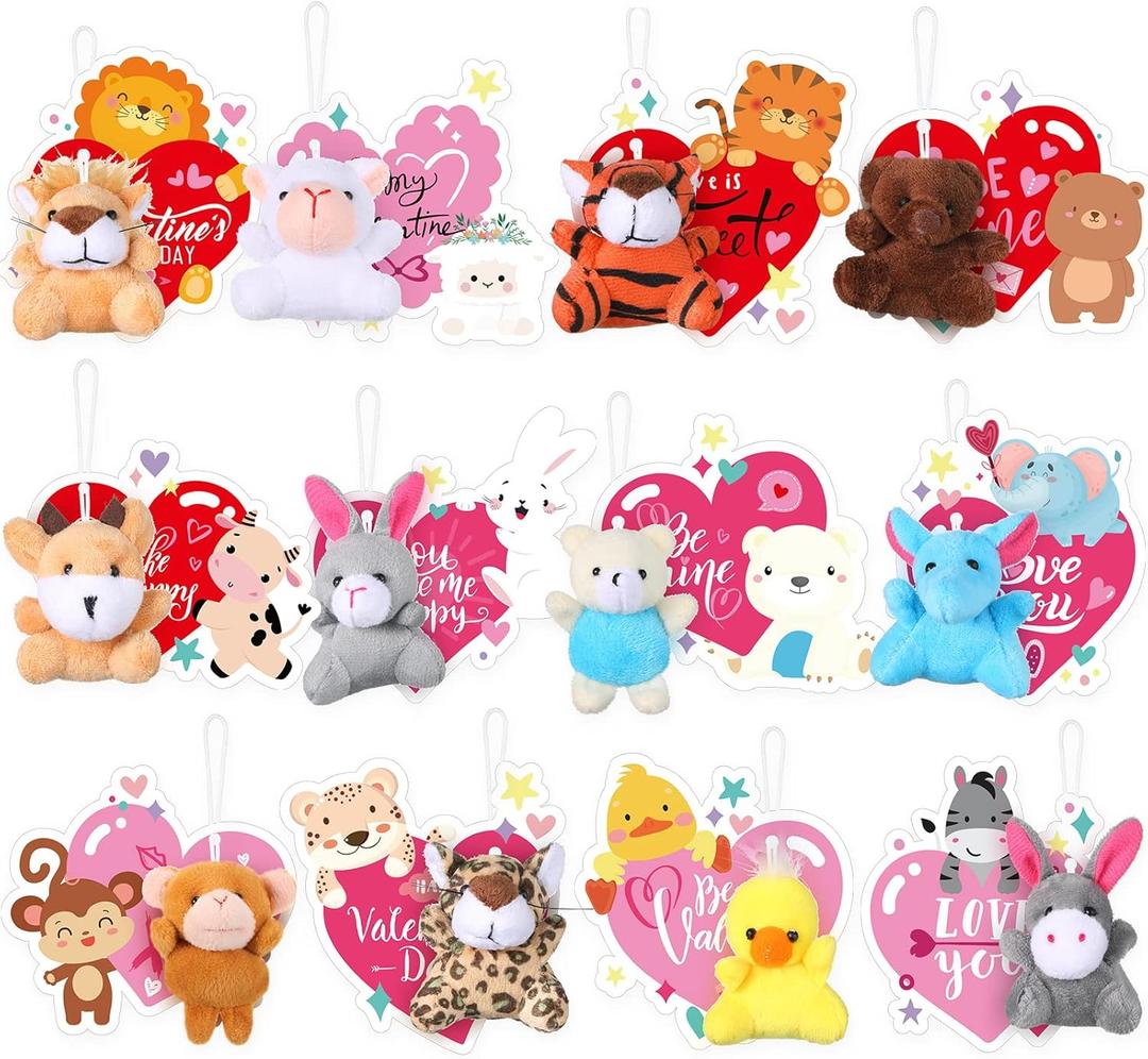 Hanaive 24 Pack Valentine Stuffed Animals Bulk for Kids with Heart Cards Mini Animal Plush Keychain Set Cute Valentines Day Party Favors for Students Exchange Gifts Classroom Game Prize