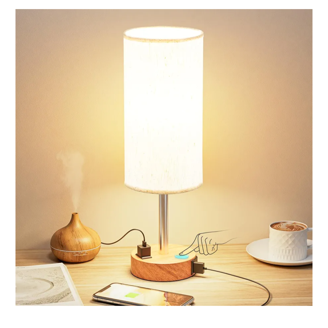 Fenmzee Bedside Table Lamp for Bedroom - 3 Way Dimmable Touch Lamp USB C Charging Ports and AC Outlet, Small Lamp Wood Base Round Flaxen Fabric Shade for Living Room, Desk, LED Bulb Included