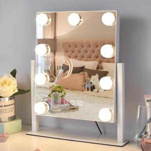 Vanity Mirror with Lights,Lighted Vanity Mirror with 9 Dimmable Bulbs for Dressing Room & Bedroom,3 Color Lighting,Modes Detachable 10x Magnification 360Ratation(White) (12*14.4inch)
