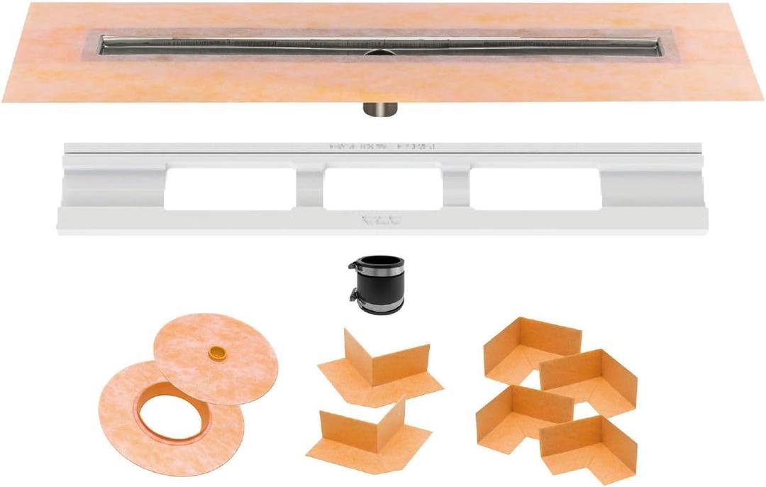 Schluter Kerdi Line Shower Drain with 24" Stainless Steel Channel Body and Waterproof Kerdi Collar - Ideal for Showers and Wet Rooms - Center Outlet Position, 23-5/8" Grate Length - KL1V60E60