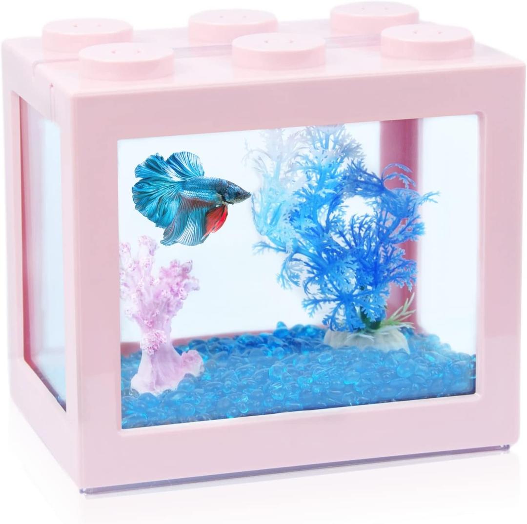 Small Betta Fish Tank, Stackable Mini Fish Tank Aquarium Tank Kit, 3/5 Gallon Rectangular Fish Bowl with Aquarium Gravel Decoration, Tiny Cube Tank for Seaweed Balls Sea Monkeys (Pink)