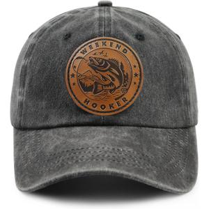 Weekend Hooker Hat for Men Women, Vintage Cotton Fish Decor Leather Patch Baseball Cap for Fishing Lovers Dad Mom