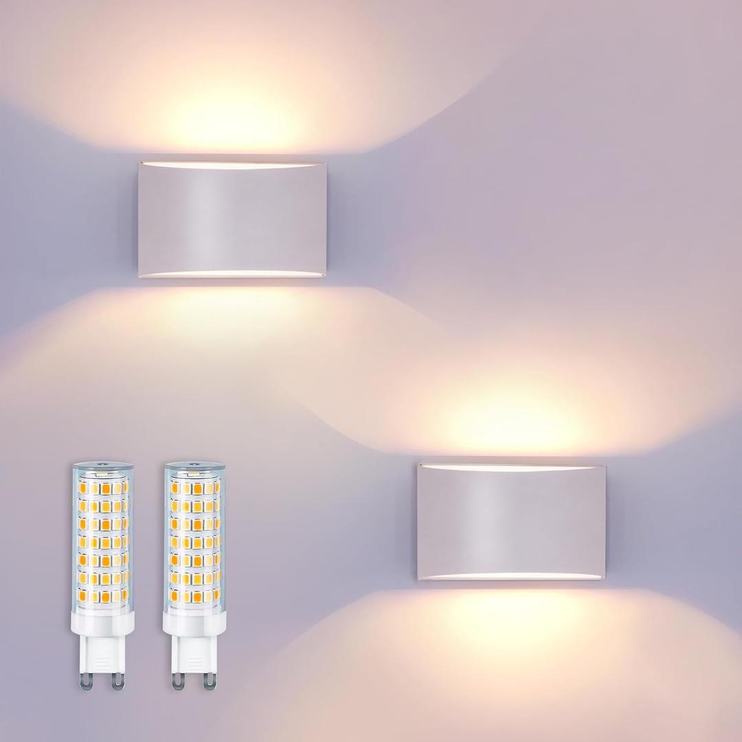 KICAAO Modern LED Wall Sconce,Warm White 3000K,Hardwired Indoor Outdoor Wall Lights Set of 2 Up and Down Wall Mount Light for Living Room Bedroom Hallway Corridor Conservatory (with G9 Bulbs) (White)