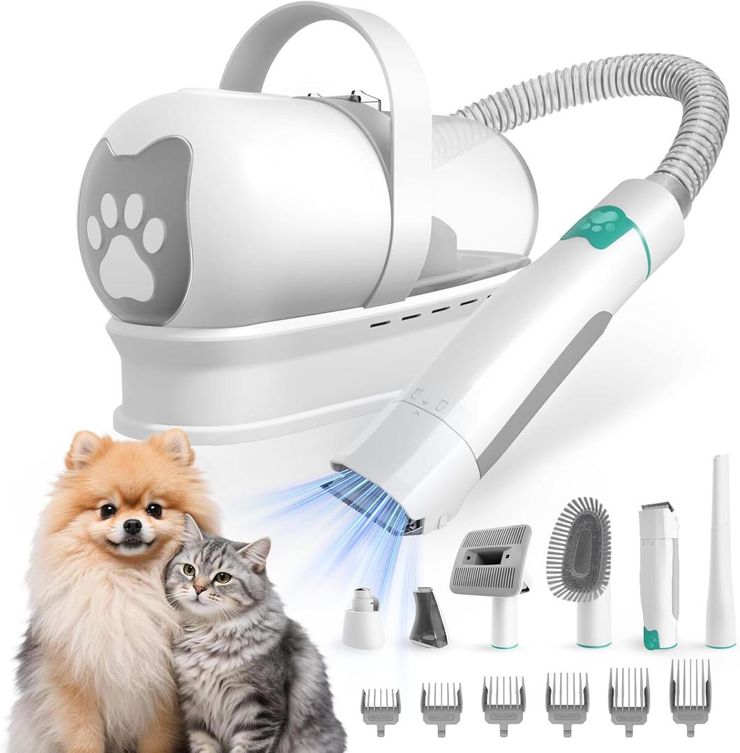 Dog Grooming Kit, Pet Grooming Vacuum with Pet Clipper Nail Grinder, Dog Hair Vacuum with 6 Pet Grooming Tools for Dogs Cats Shedding Grooming, White