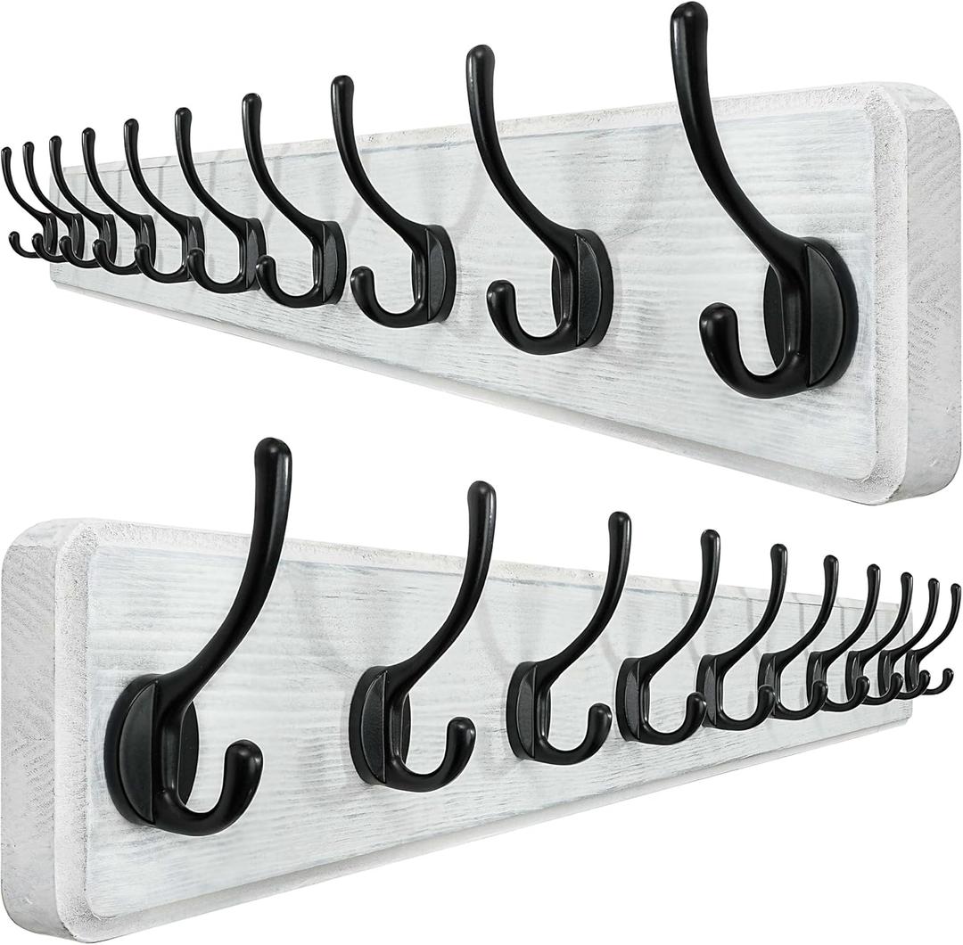 WEBI Coat Rack Wall Mount,10 Hooks,38 9/16" Long Coat Hooks Wall Mounted,16" Hole to Hole,Large Wood Coat Hanger Wall,Hook Rack for Hanging Coats,Jacket,Clothes,Hats,Black/White,2 Packs