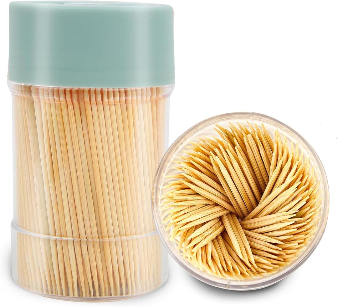 TRTRin Bamboo Toothpicks [3000 Count]  With Reusable Toothpick Holder, Sturdy Smooth Finish Tooth Picks, for Party, Appetizer, Olive, Barbecue, Fruit and Teeth Cleaning, Green.